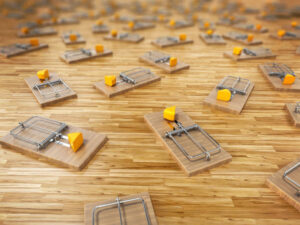 Mouse traps with a slice of cheese scattered on the floor.