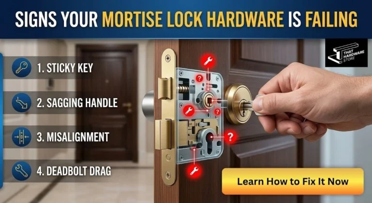 Professional diagram showing common signs of failing mortise lock hardware including sticky keys and sagging handles.