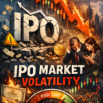 A dramatic digital illustration showing a cracked “IPO” sign on a crumbling platform with a downward red arrow, distressed investors, and a fiery stock market backdrop symbolizing the collapse of high GMP IPOs after listing.