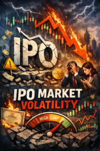 A dramatic digital illustration showing a cracked “IPO” sign on a crumbling platform with a downward red arrow, distressed investors, and a fiery stock market backdrop symbolizing the collapse of high GMP IPOs after listing.