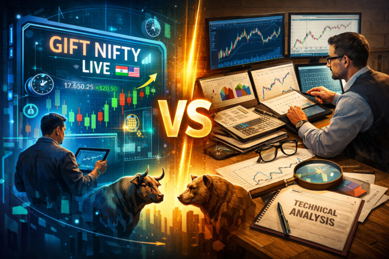 Digital illustration comparing Gift Nifty Live’s futuristic trading interface with traditional market analysis tools; a glowing “VS” divides a modern trader using holographic charts from an analyst surrounded by printed reports and monitors.