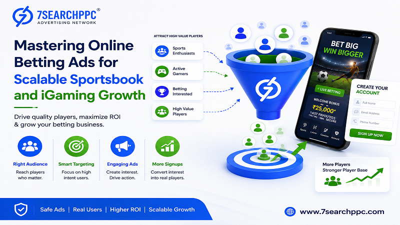 Online betting ads dashboard with sportsbook campaign analytics and iGaming marketing growth elements.