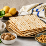 Traditional kosher for Passover food arrangement with matzah, eggs, herbs, and ceremonial items for Passover celebration
