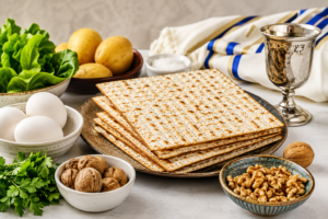 Traditional kosher for Passover food arrangement with matzah, eggs, herbs, and ceremonial items for Passover celebration