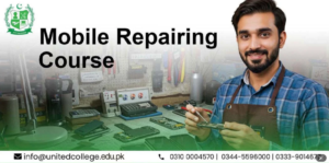 A man smiling, holding a tool, in a workshop setting with mobile parts. Text reads "Mobile Repairing Course." Contact details and college logo visible.