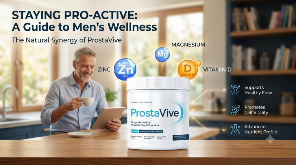 “ProstaVive prostate health supplement concept showing urinary flow support, prostate wellness, and male health illustration”