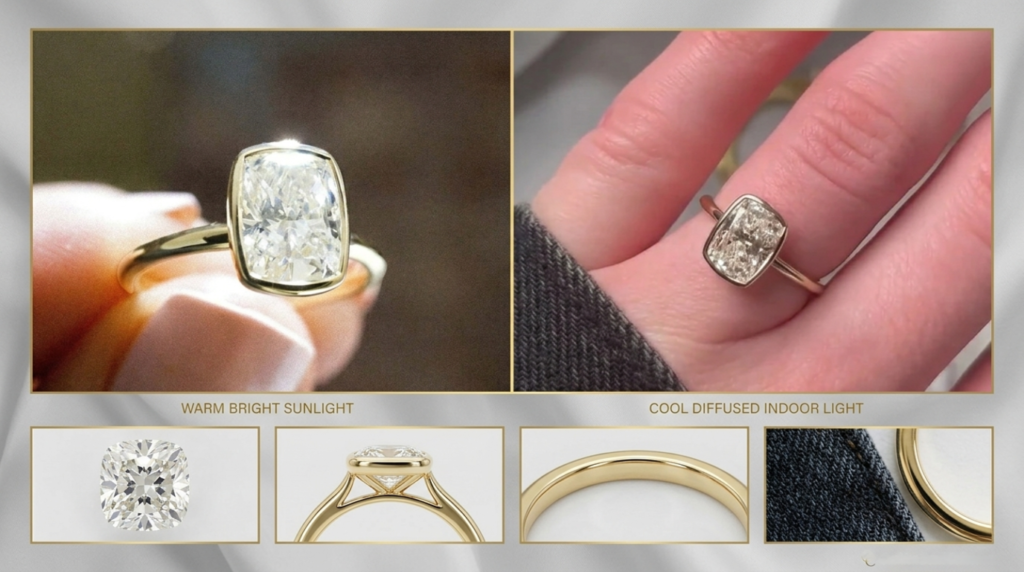 Cushion cut lab diamond bezel-set ring in yellow gold displayed in sunlight and indoor lighting with detailed views of the diamond and band.