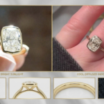 Cushion cut lab diamond bezel-set ring in yellow gold displayed in sunlight and indoor lighting with detailed views of the diamond and band.