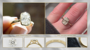 Cushion cut lab diamond bezel-set ring in yellow gold displayed in sunlight and indoor lighting with detailed views of the diamond and band.