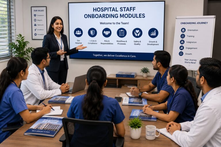 Hospital staff onboarding modules helping new healthcare employees learn training procedures