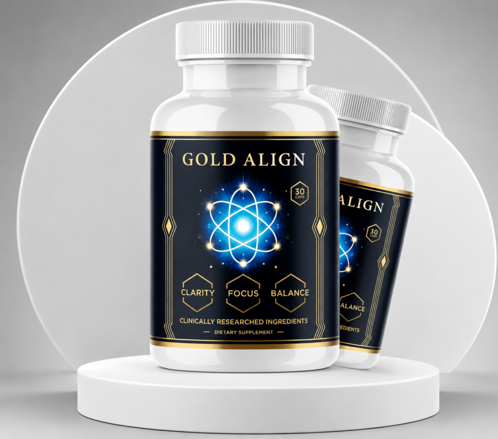 Gold Align supplement bottle displayed with a clean wellness background, symbolizing mental clarity, enhanced focus, cognitive support, energetic balance, stress management, and natural brain health for daily productivity and overall well-being.