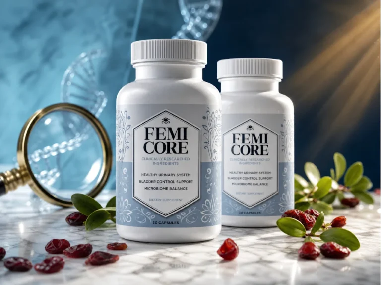 FemiCore supplement bottle for bladder health support, urinary wellness, and overall feminine well-being with natural ingredients for daily comfort and confidence.