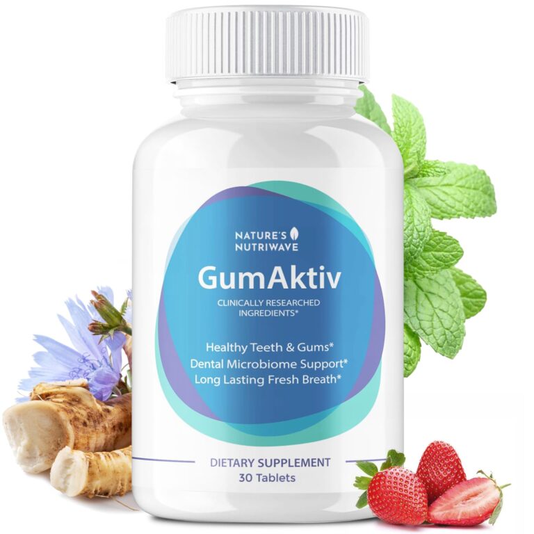 GumAktiv oral health supplement bottle displayed with healthy white teeth, pink gums, and a bright confident smile, highlighting natural support for stronger teeth, healthier gums, and fresh breath.