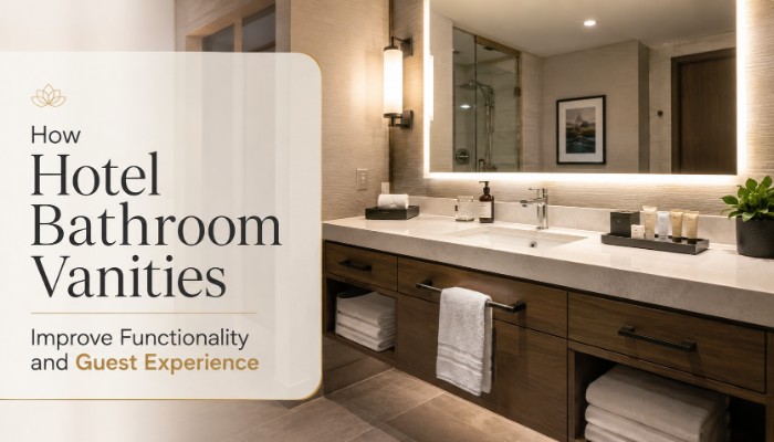 Modern hotel bathroom vanities designed for new construction and renovation projects.