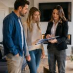 Property manager reviewing tenant applications and reference checks in a modern office.