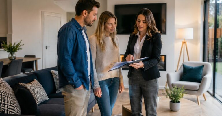 Property manager reviewing tenant applications and reference checks in a modern office.