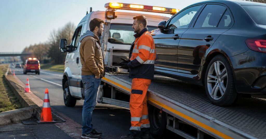 Professional vehicle recovery operator towing a broken-down car while assisting a driver safely on a UK roadside.