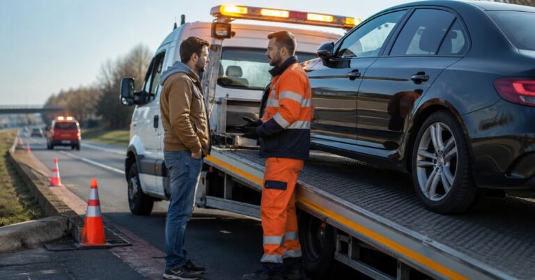 Professional vehicle recovery operator towing a broken-down car while assisting a driver safely on a UK roadside.