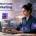 Professional marketer working on a computer with floating digital marketing graphics and advertising campaign visuals.