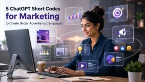 Professional marketer working on a computer with floating digital marketing graphics and advertising campaign visuals.