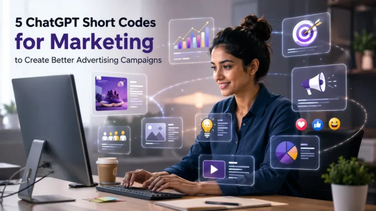 Professional marketer working on a computer with floating digital marketing graphics and advertising campaign visuals.