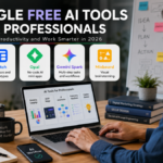 Professional using laptop displaying Google AI tools including Pomelli, Stitch, Opal, and Gemini Spark