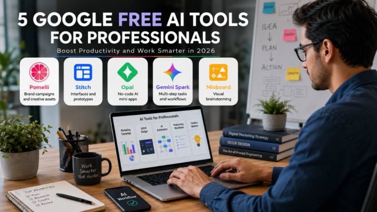 Professional using laptop displaying Google AI tools including Pomelli, Stitch, Opal, and Gemini Spark