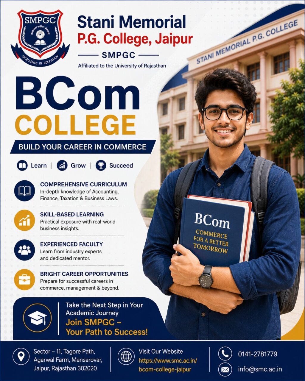 Stani Memorial P.G. College, a distinguished B.COM College in Jaipur , provides a robust BCom program that emphasises accounting, finance, taxation, business management, and entrepreneurship.