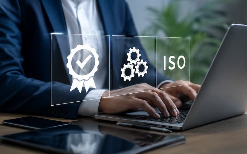 Business professional preparing documents on a laptop for an ISO certification audit in Saudi Arabia, with compliance and quality icons.