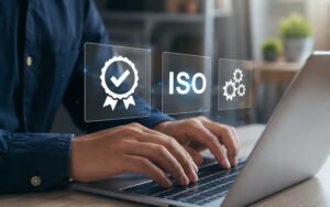 Professional audit support budget planning with ISO certification and compliance symbols on a laptop screen.