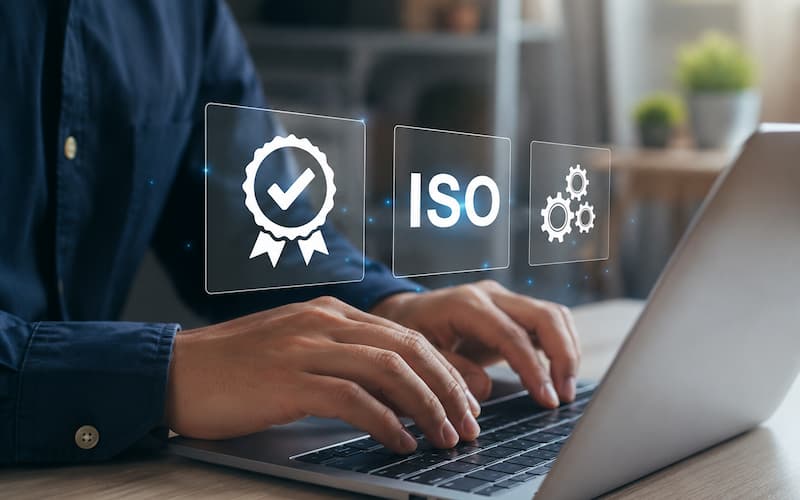 Professional audit support budget planning with ISO certification and compliance symbols on a laptop screen.