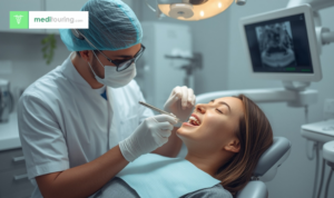 Professional dentist examining an international patient’s teeth during a dental consultation at a modern Italian dental clinic, representing affordable dental treatments abroad and dental tourism in Italy.