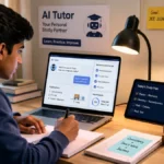 Indian student studying at a desk using an AI tutor on a laptop for personalised learning