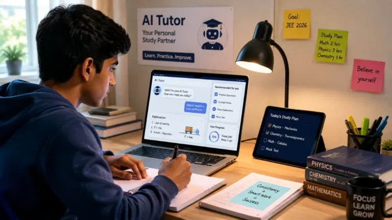 Indian student studying at a desk using an AI tutor on a laptop for personalised learning
