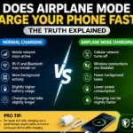 Graphic comparison showing faster charging speed in airplane mode versus slower normal phone charging