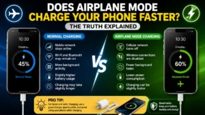 Graphic comparison showing faster charging speed in airplane mode versus slower normal phone charging