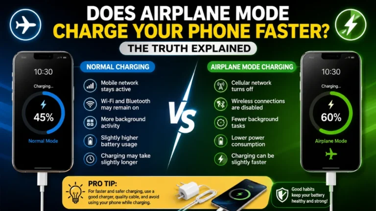 Graphic comparison showing faster charging speed in airplane mode versus slower normal phone charging