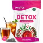 Lulutox Detox Tea ingredients in a peach-flavored wellness tea blend