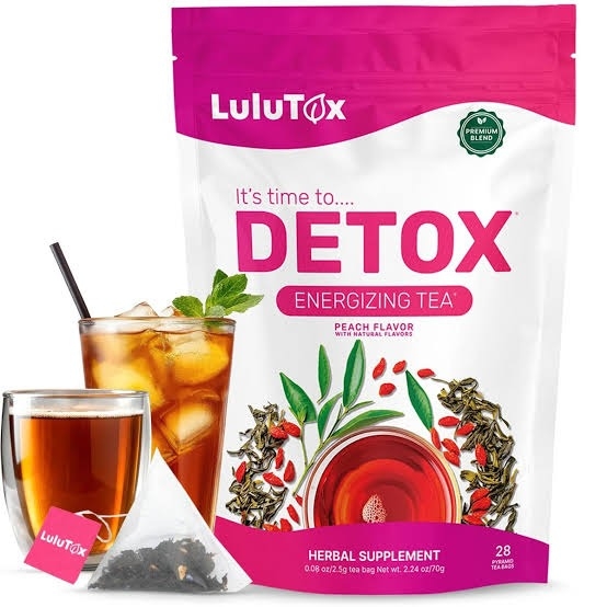Lulutox Detox Tea ingredients in a peach-flavored wellness tea blend