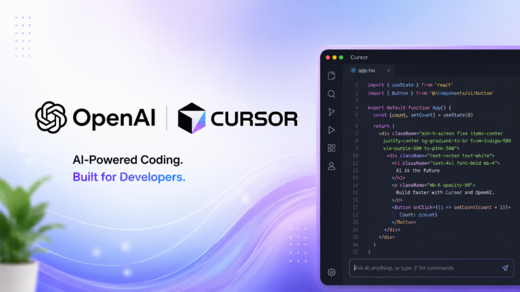 Graphic displaying OpenAI and Cursor logos alongside a dark-themed coding IDE interface