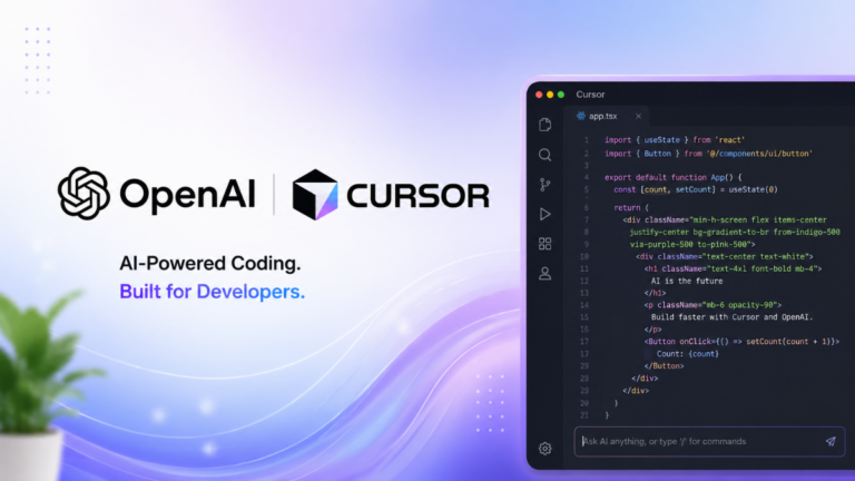 Graphic displaying OpenAI and Cursor logos alongside a dark-themed coding IDE interface