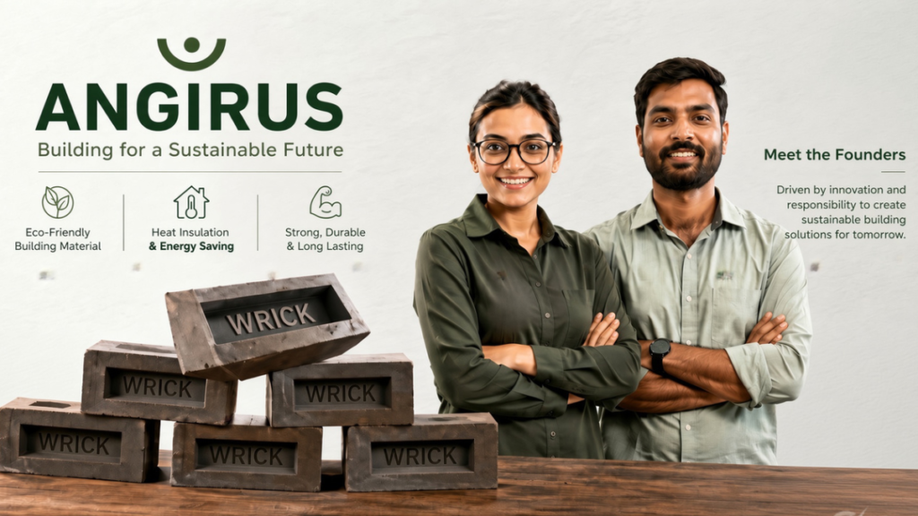 Angirus founders standing behind stacked Wricks made from recycled plastic and industrial waste