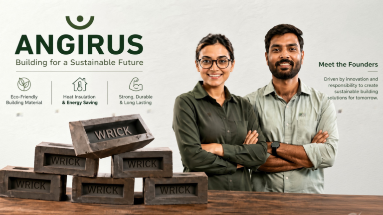 Angirus founders standing behind stacked Wricks made from recycled plastic and industrial waste