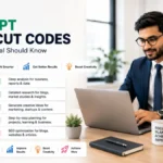A professional working on laptop beside graphic showing essential ChatGPT shortcut commands for maximum productivity