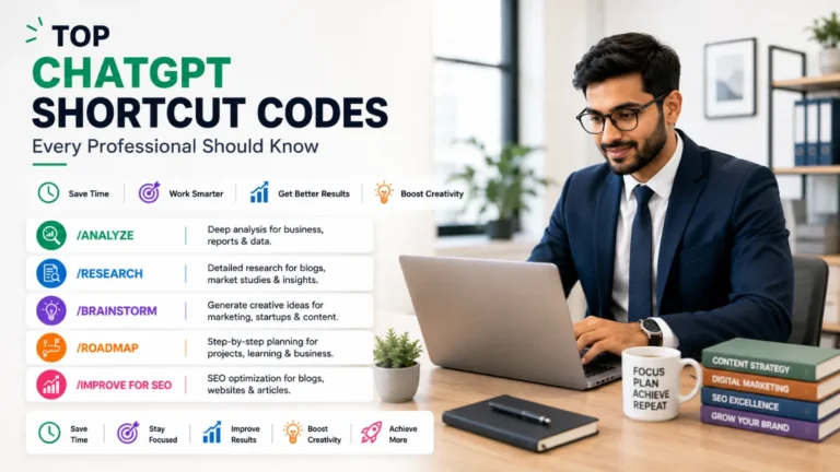 A professional working on laptop beside graphic showing essential ChatGPT shortcut commands for maximum productivity