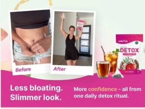 Alt Text:Lulutox Detox Tea peach-flavored wellness drink for a daily tea routine