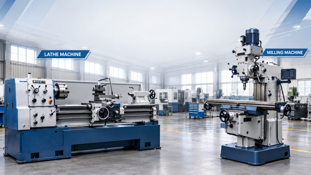 Industrial lathe and milling machines in a modern manufacturing workshop