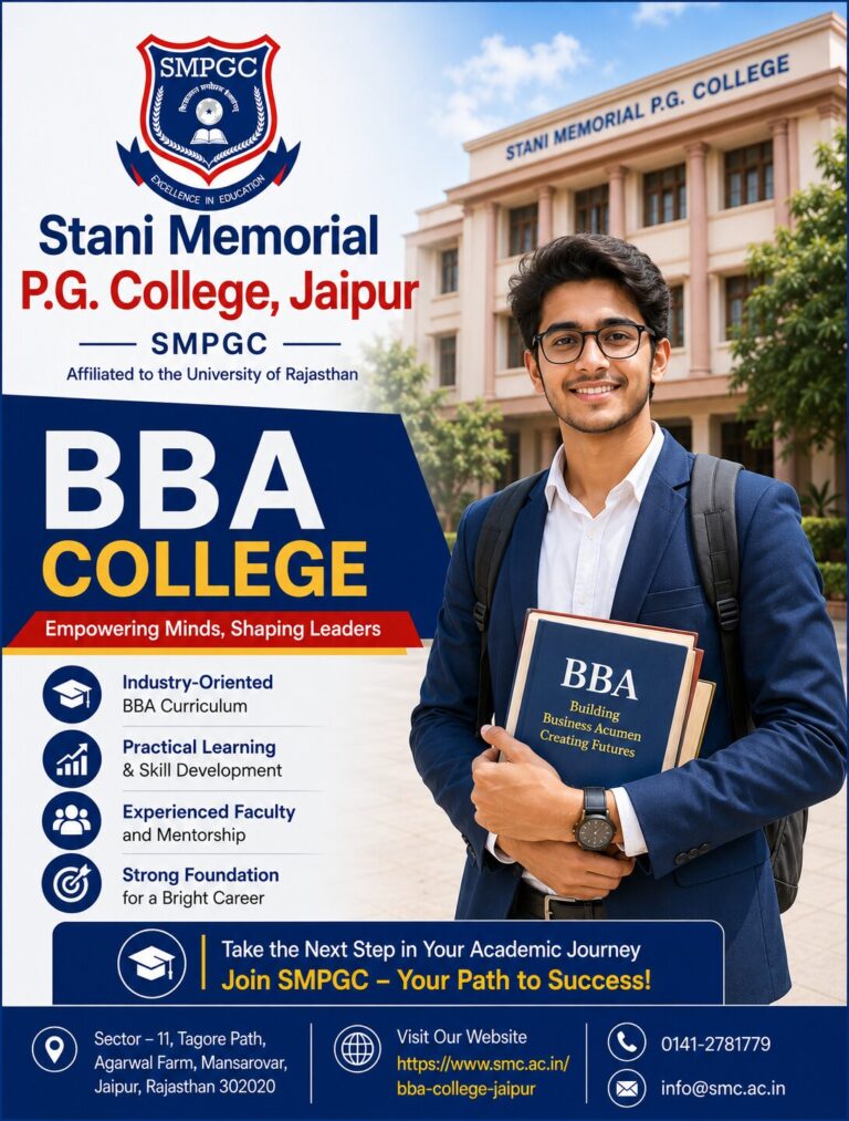 Stani Memorial P.G. College, distinguished as the Top college for BBA in Jaipur, provides a comprehensive BBA program that emphasises business management, entrepreneurship, marketing, finance, and leadership skills.