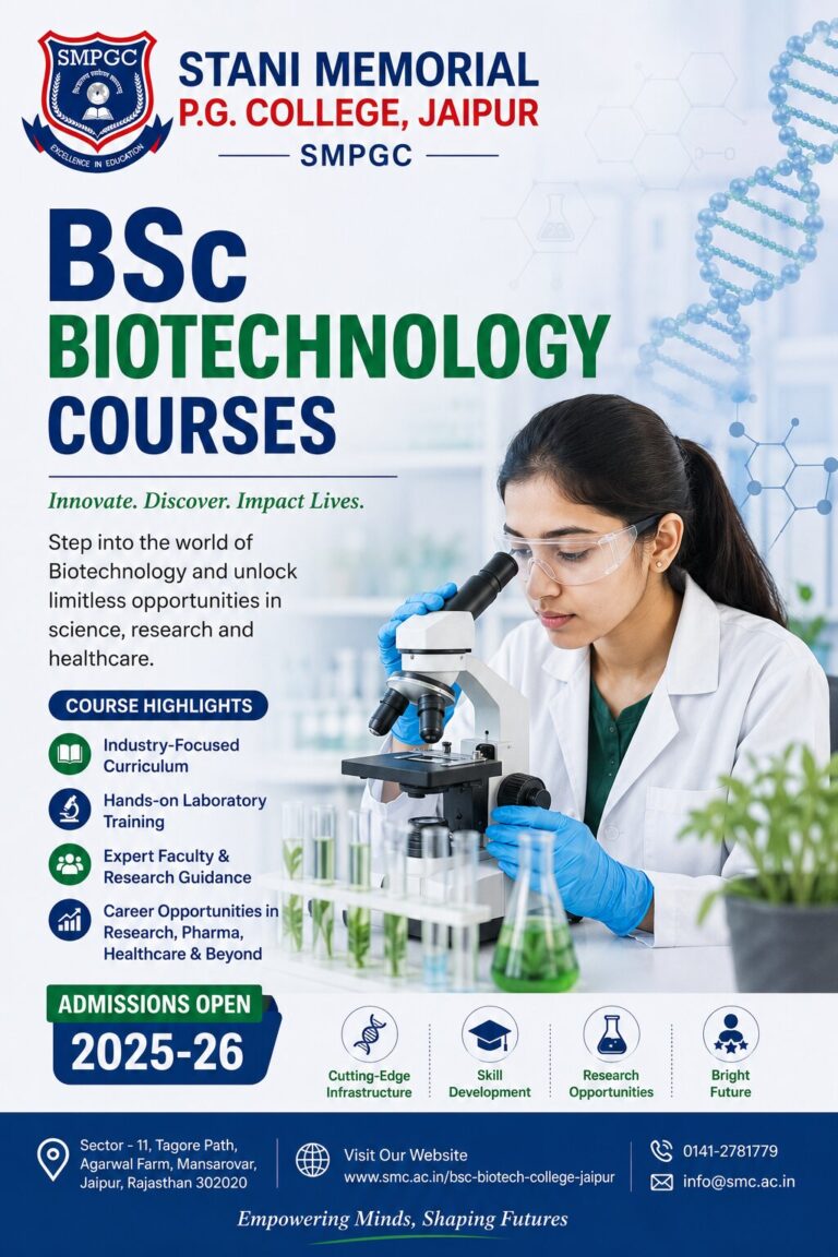 Stani Memorial P.G. College, acknowledged as a leading BSc Biotechnology courses provides an extensive B.Sc. Biotechnology program that combines biology, technology, and research.