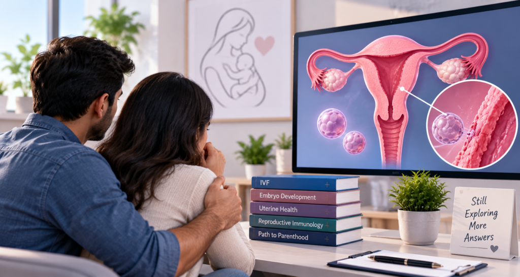 Medical illustration showing an embryo near the uterine lining and fertility factors associated with recurrent implantation failure.